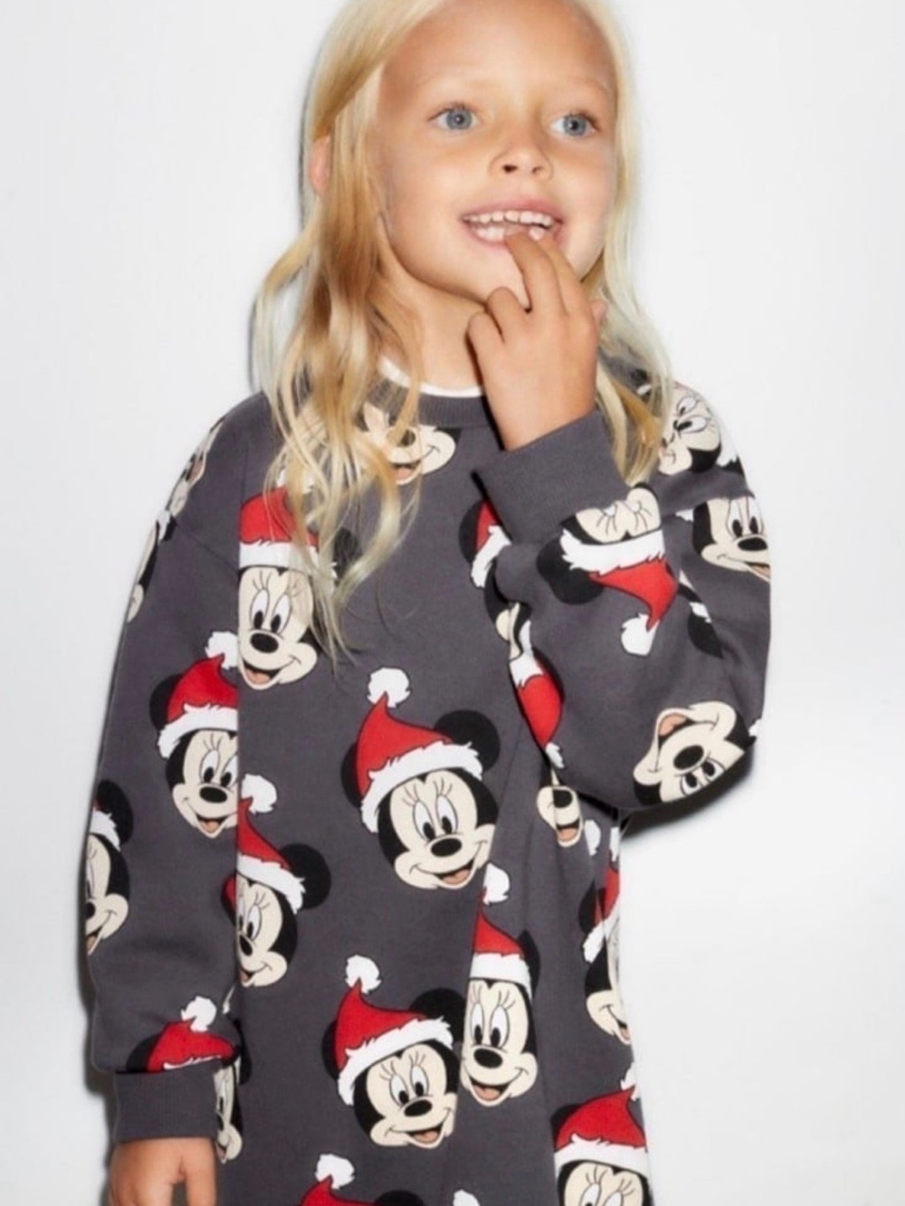 ZARA Gray Dress Sweatshirt with Red & Cream Minnie Mouse christmas Plush Santa